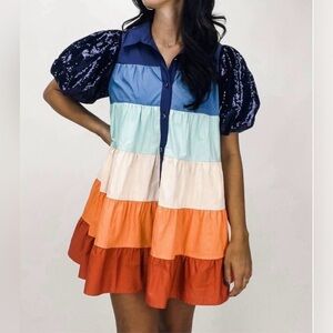 Queen of Sparkles Colorful Striped Dress with Sequin Sleeves